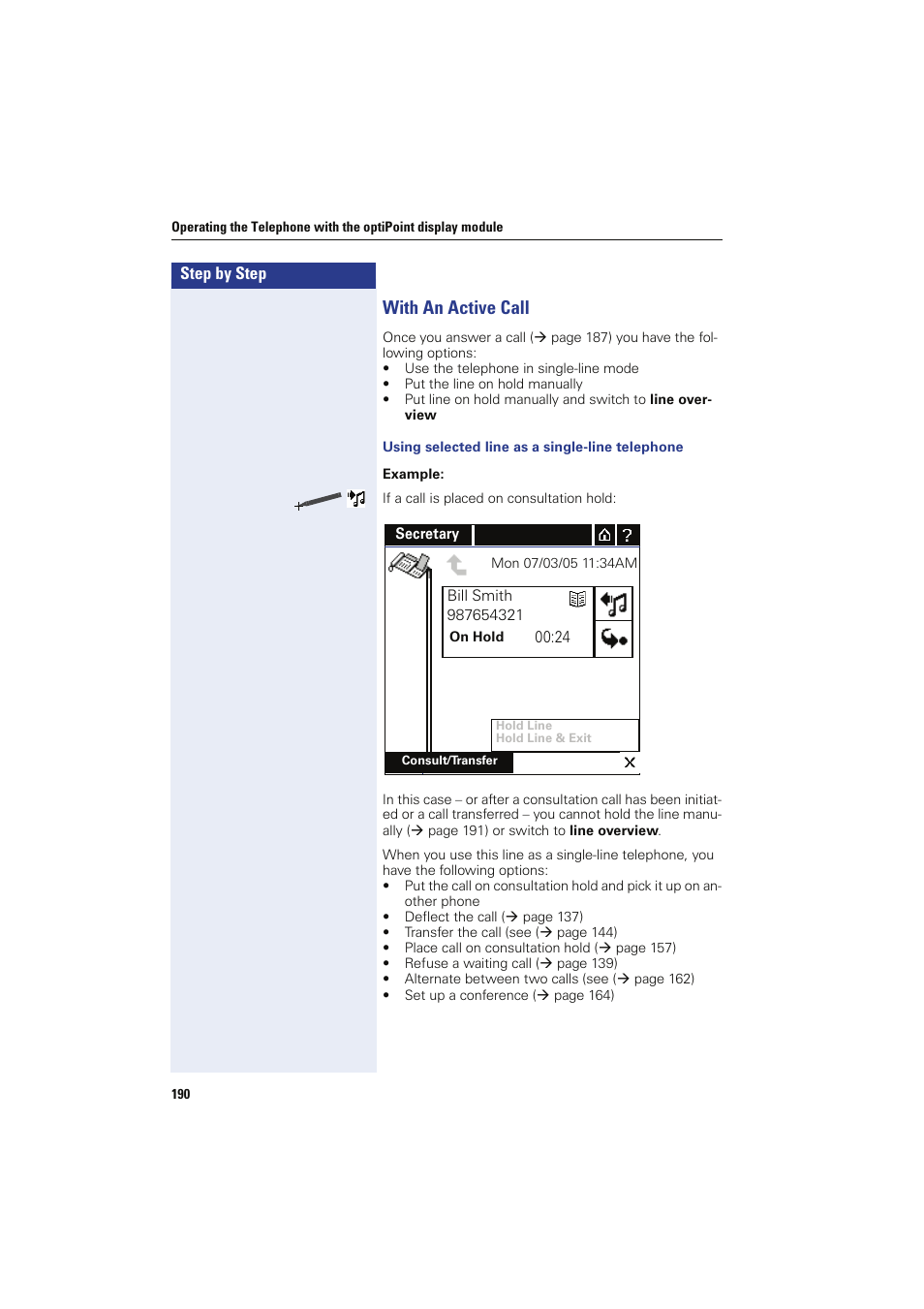 With an active call, Using selected line as a single-line telephone | Siemens HIPATH 8000 OPTIPOINT410 User Manual | Page 190 / 242