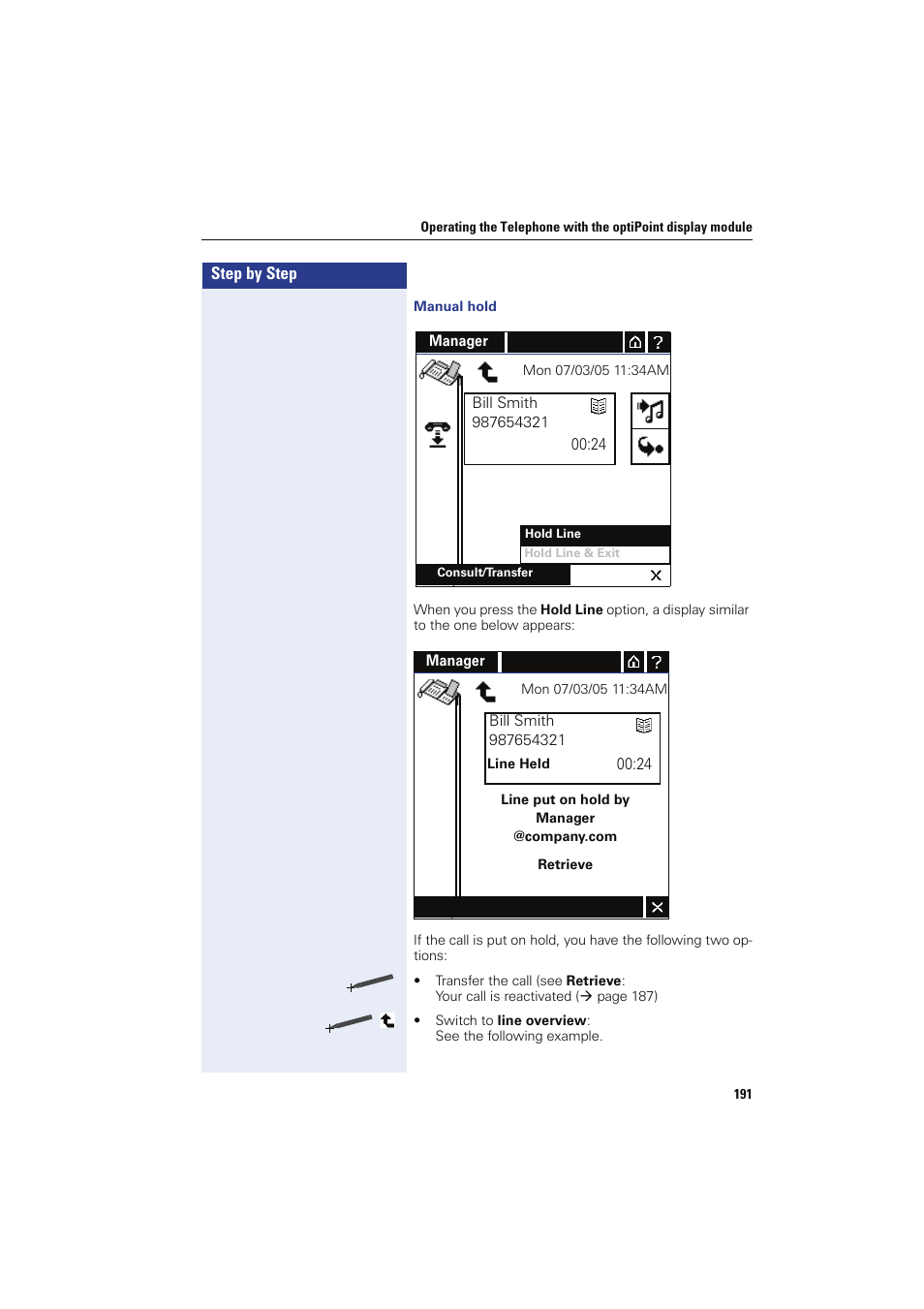 Manual hold | Siemens HIPATH 8000 OPTIPOINT410 User Manual | Page 191 / 242