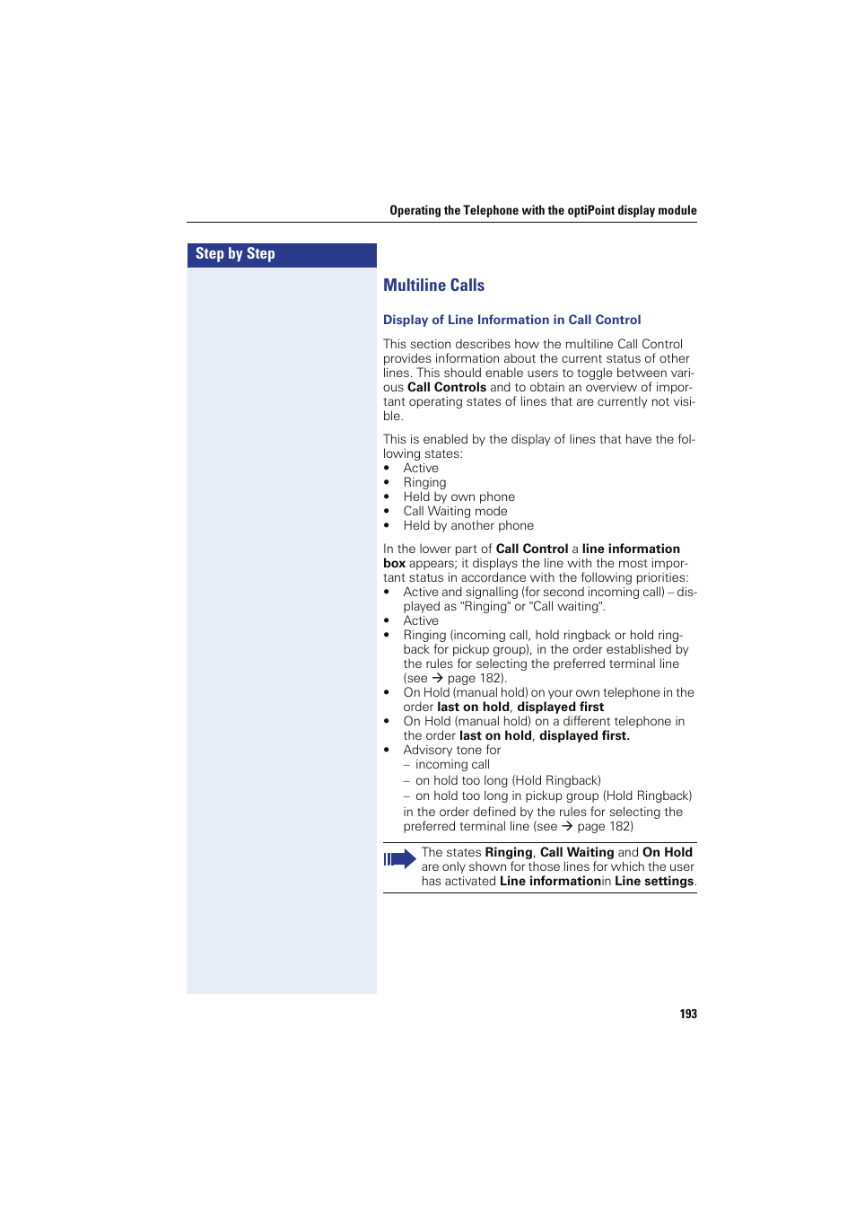 Multiline calls, Display of line information in call control | Siemens HIPATH 8000 OPTIPOINT410 User Manual | Page 193 / 242