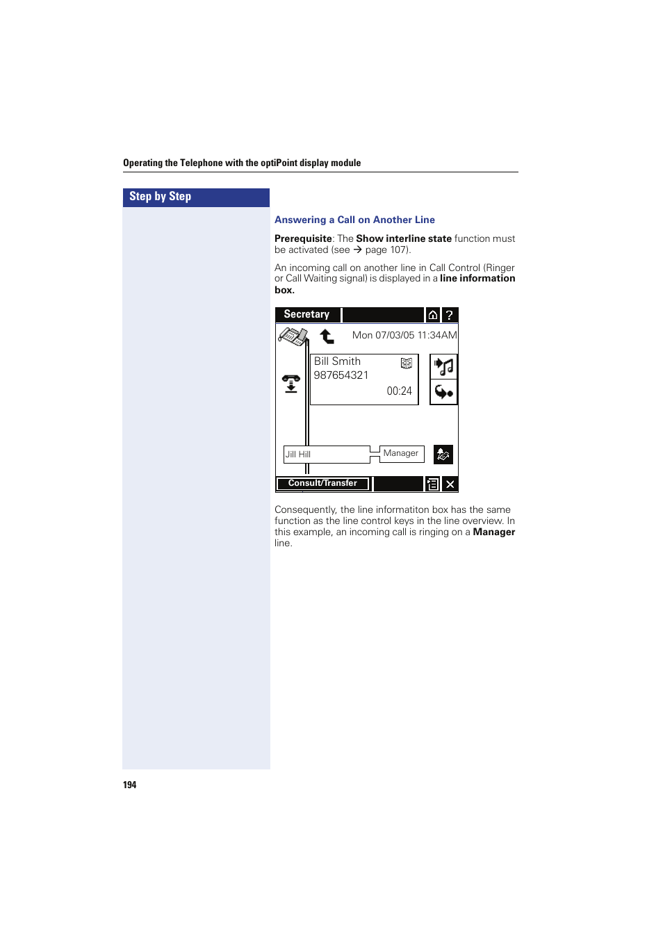 Answering a call on another line | Siemens HIPATH 8000 OPTIPOINT410 User Manual | Page 194 / 242