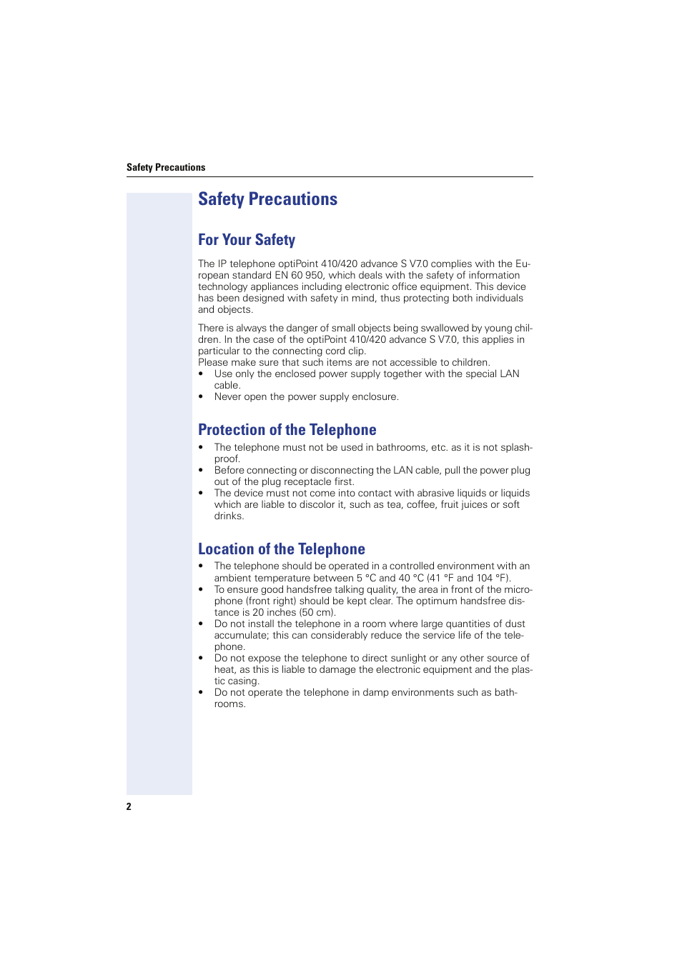 Safety precautions, For your safety, Protection of the telephone | Location of the telephone | Siemens HIPATH 8000 OPTIPOINT410 User Manual | Page 2 / 242