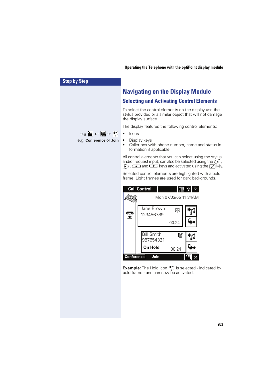 Navigating on the display module, Selecting and activating control elements | Siemens HIPATH 8000 OPTIPOINT410 User Manual | Page 203 / 242