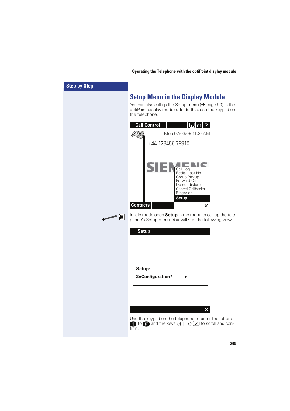 Setup menu in the display module | Siemens HIPATH 8000 OPTIPOINT410 User Manual | Page 205 / 242