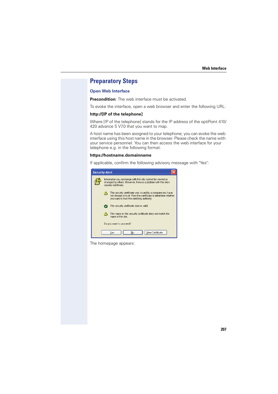 Preparatory steps, Open web interface | Siemens HIPATH 8000 OPTIPOINT410 User Manual | Page 207 / 242