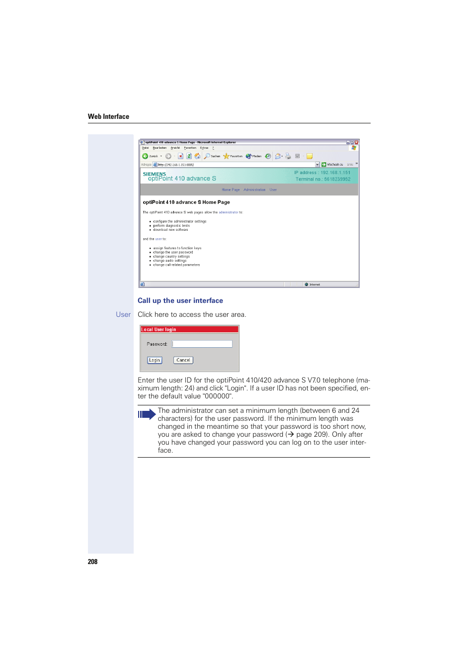 Call up the user interface | Siemens HIPATH 8000 OPTIPOINT410 User Manual | Page 208 / 242