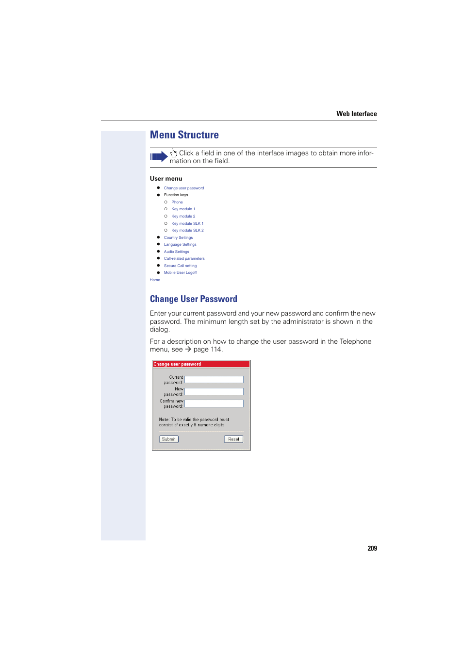 Menu structure, Change user password | Siemens HIPATH 8000 OPTIPOINT410 User Manual | Page 209 / 242