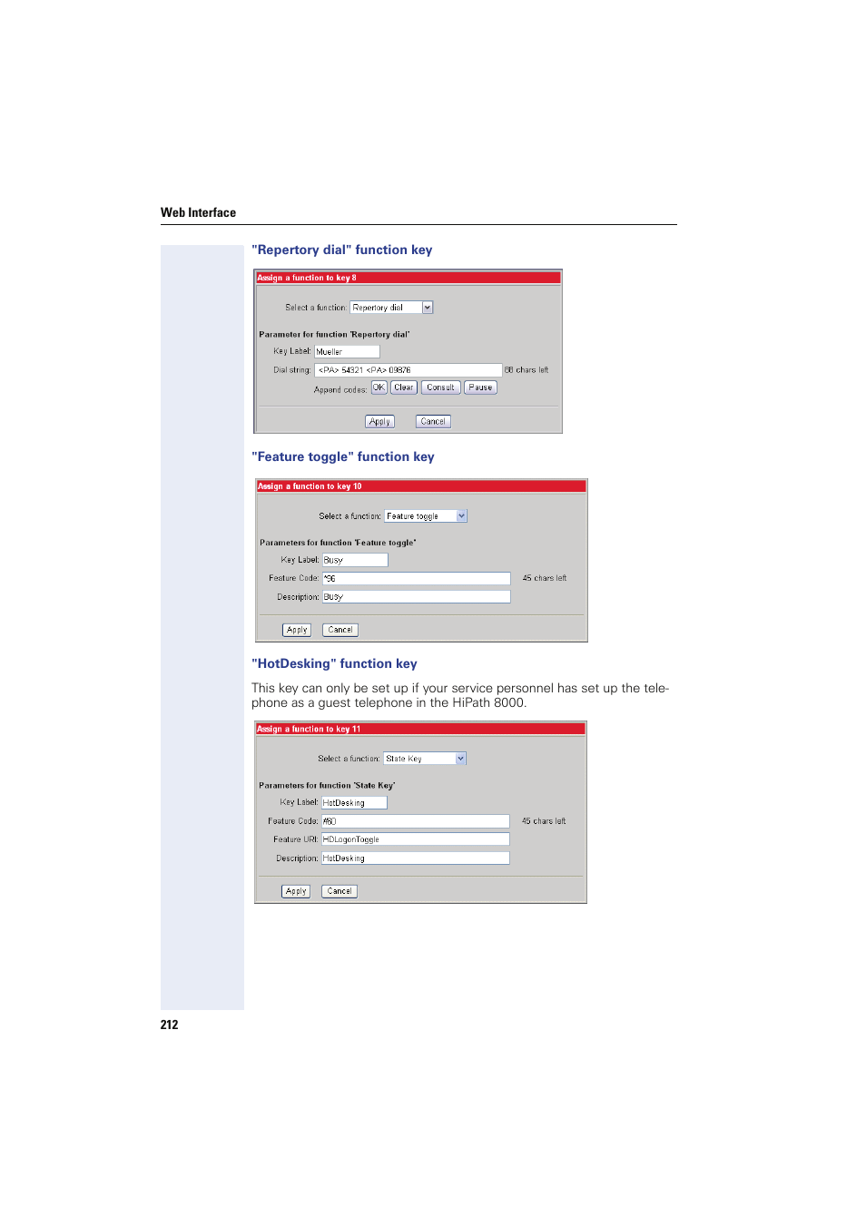 Repertory dial" function key, Feature toggle" function key, Hotdesking" function key | Siemens HIPATH 8000 OPTIPOINT410 User Manual | Page 212 / 242