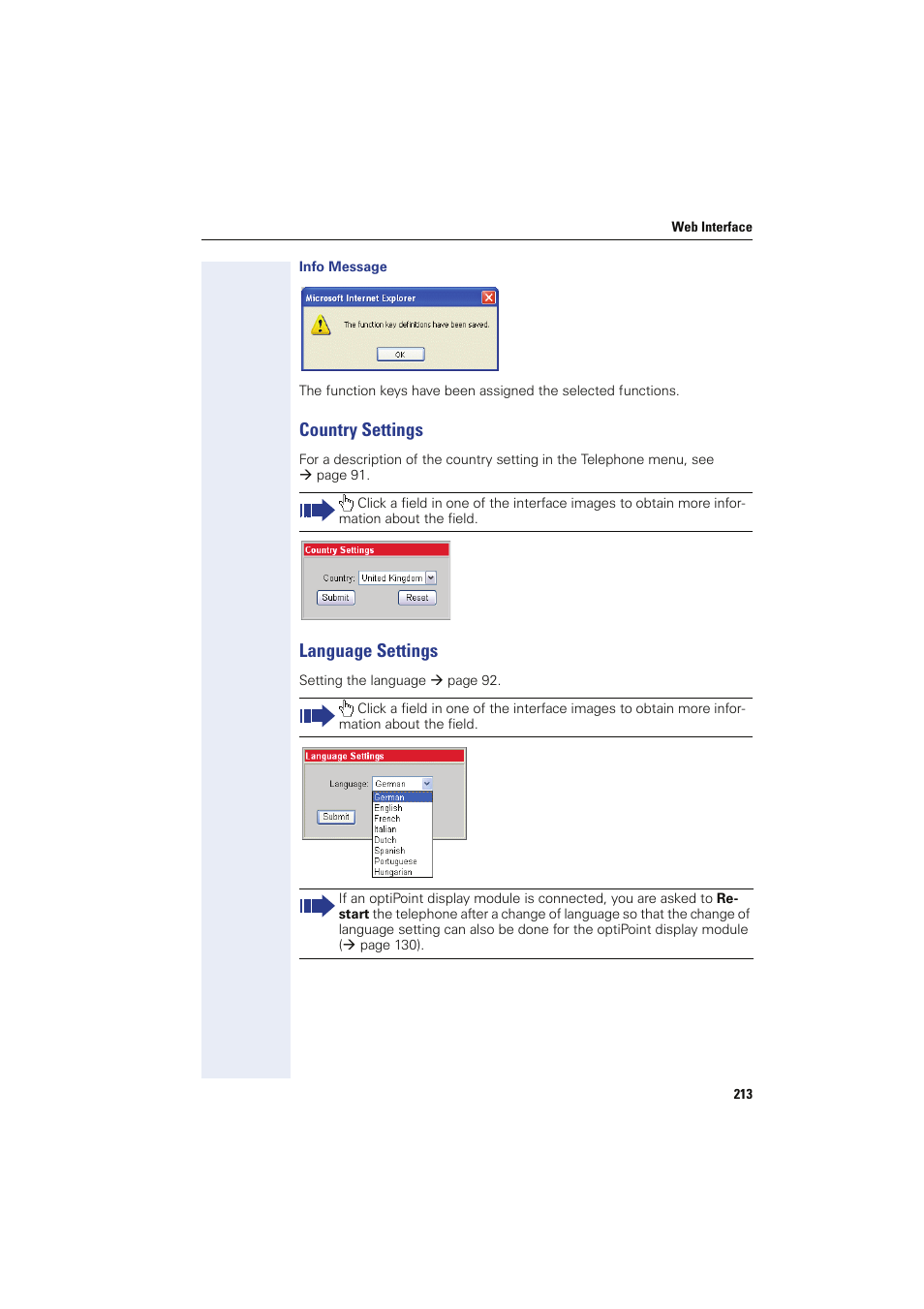 Info message, Country settings, Language settings | Country settings language settings | Siemens HIPATH 8000 OPTIPOINT410 User Manual | Page 213 / 242