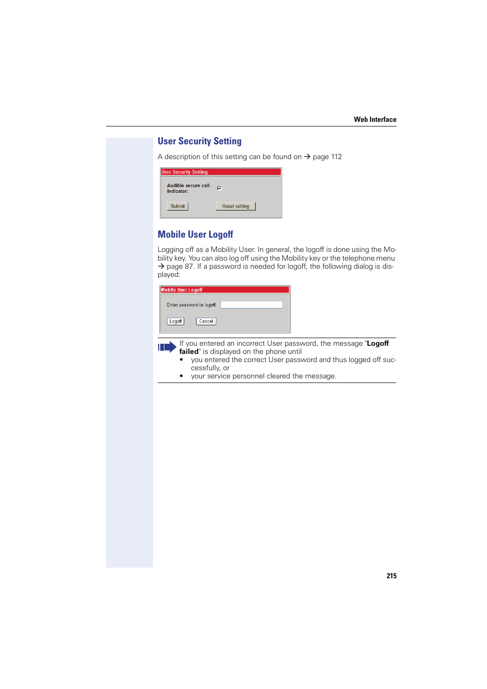 User security setting, Mobile user logoff, User security setting mobile user logoff | Siemens HIPATH 8000 OPTIPOINT410 User Manual | Page 215 / 242