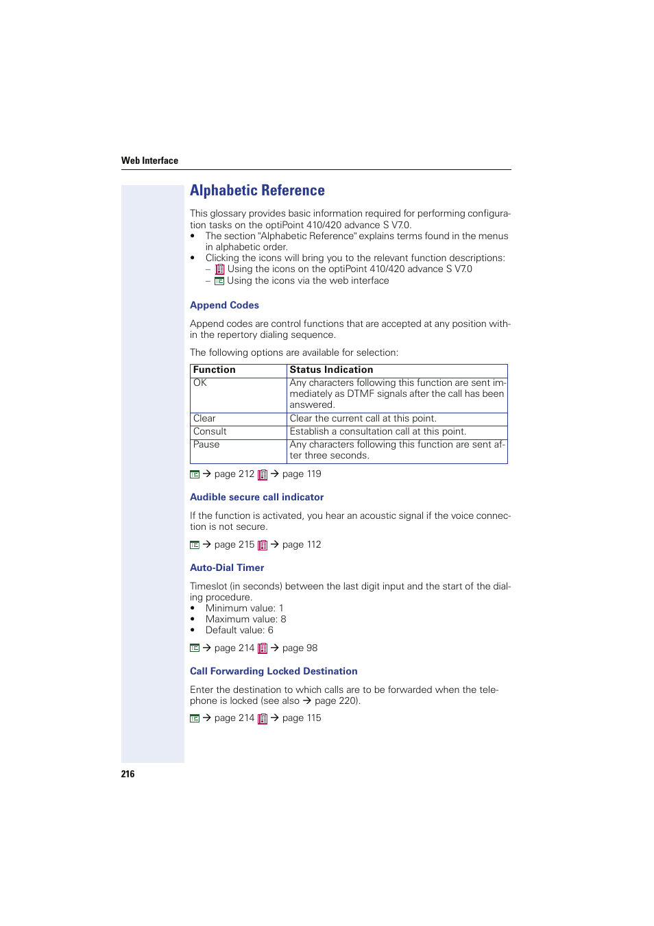 Alphabetic reference, Append codes, Audible secure call indicator | Auto-dial timer, Call forwarding locked destination | Siemens HIPATH 8000 OPTIPOINT410 User Manual | Page 216 / 242