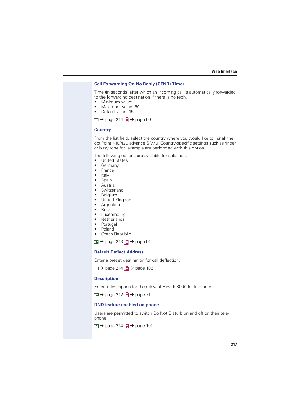 Call forwarding on no reply (cfnr) timer, Country, Default deflect address | Description, Dnd feature enabled on phone | Siemens HIPATH 8000 OPTIPOINT410 User Manual | Page 217 / 242