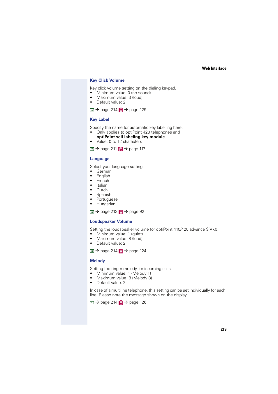Key click volume, Key label, Language | Loudspeaker volume, Melody | Siemens HIPATH 8000 OPTIPOINT410 User Manual | Page 219 / 242