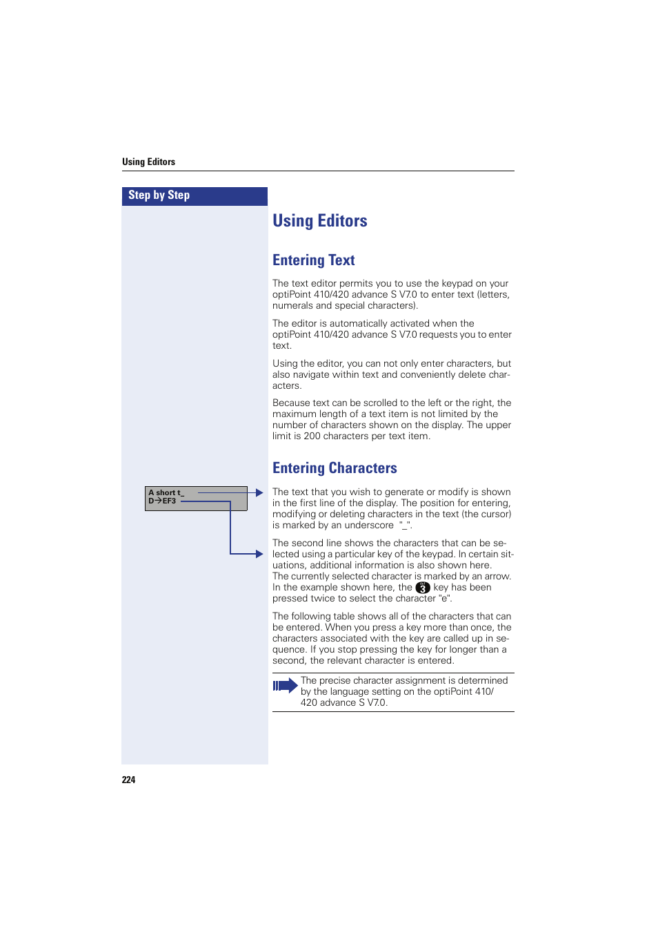 Using editors, Entering text, Entering characters | Entering text entering characters | Siemens HIPATH 8000 OPTIPOINT410 User Manual | Page 224 / 242