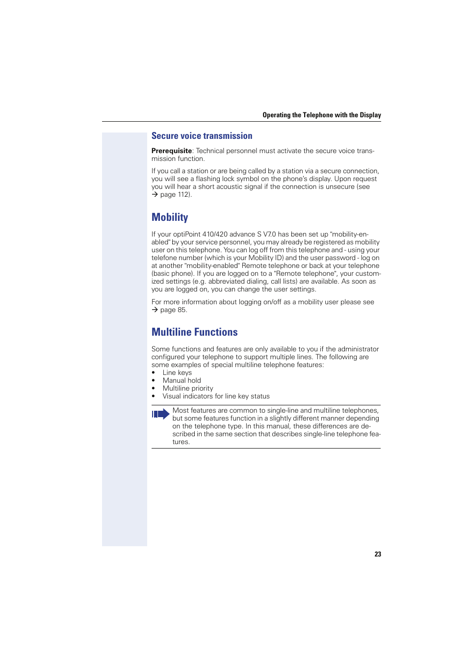 Secure voice transmission, Mobility, Multiline functions | Mobility multiline functions | Siemens HIPATH 8000 OPTIPOINT410 User Manual | Page 23 / 242