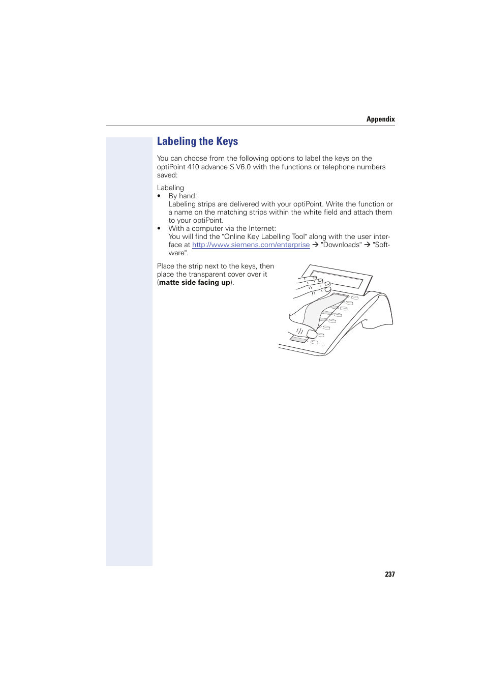 Labeling the keys | Siemens HIPATH 8000 OPTIPOINT410 User Manual | Page 237 / 242