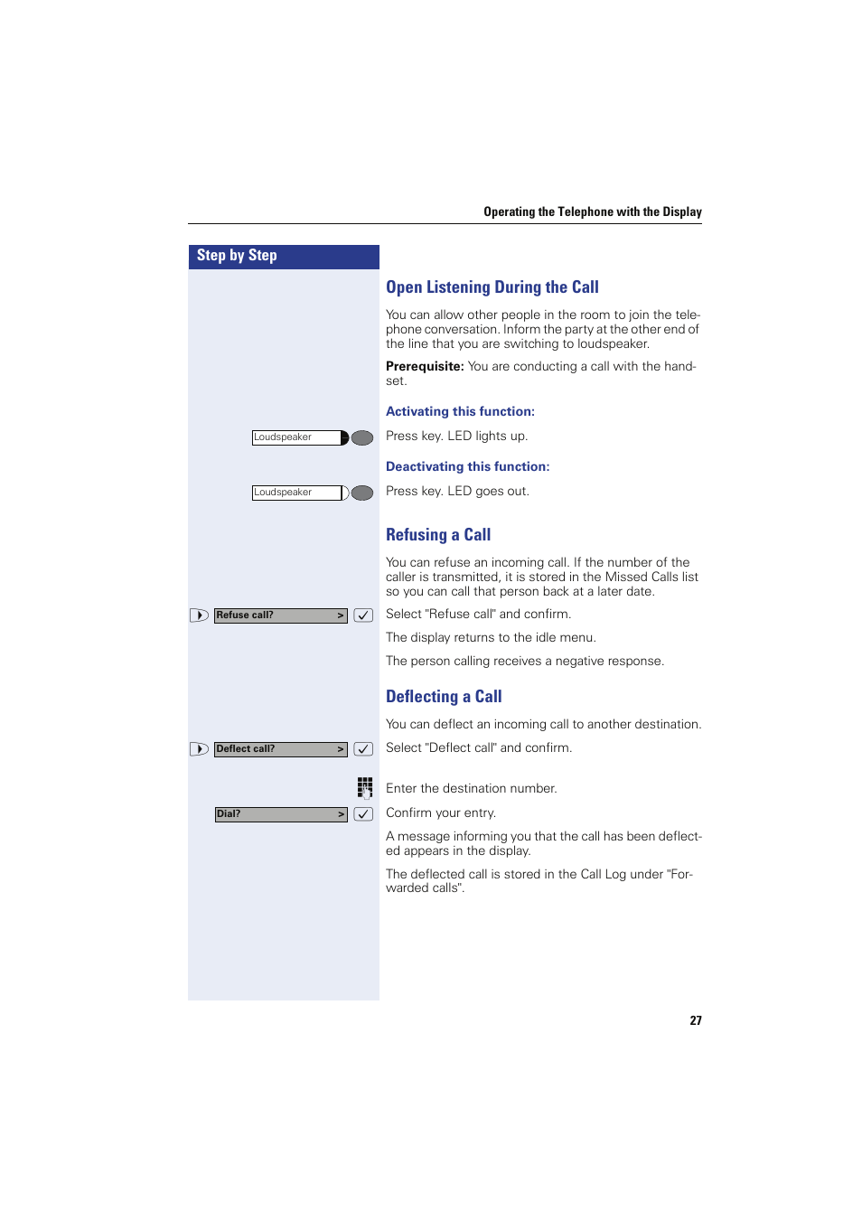 Open listening during the call, Activating this function, Deactivating this function | Refusing a call, Deflecting a call | Siemens HIPATH 8000 OPTIPOINT410 User Manual | Page 27 / 242