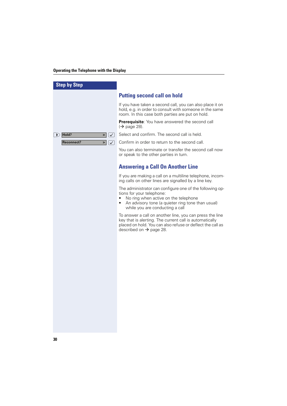 Putting second call on hold, Answering a call on another line | Siemens HIPATH 8000 OPTIPOINT410 User Manual | Page 30 / 242