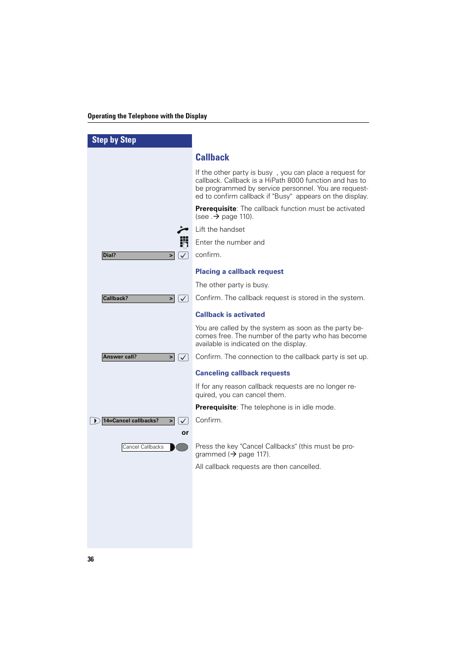 Callback, Placing a callback request, Callback is activated | Canceling callback requests | Siemens HIPATH 8000 OPTIPOINT410 User Manual | Page 36 / 242