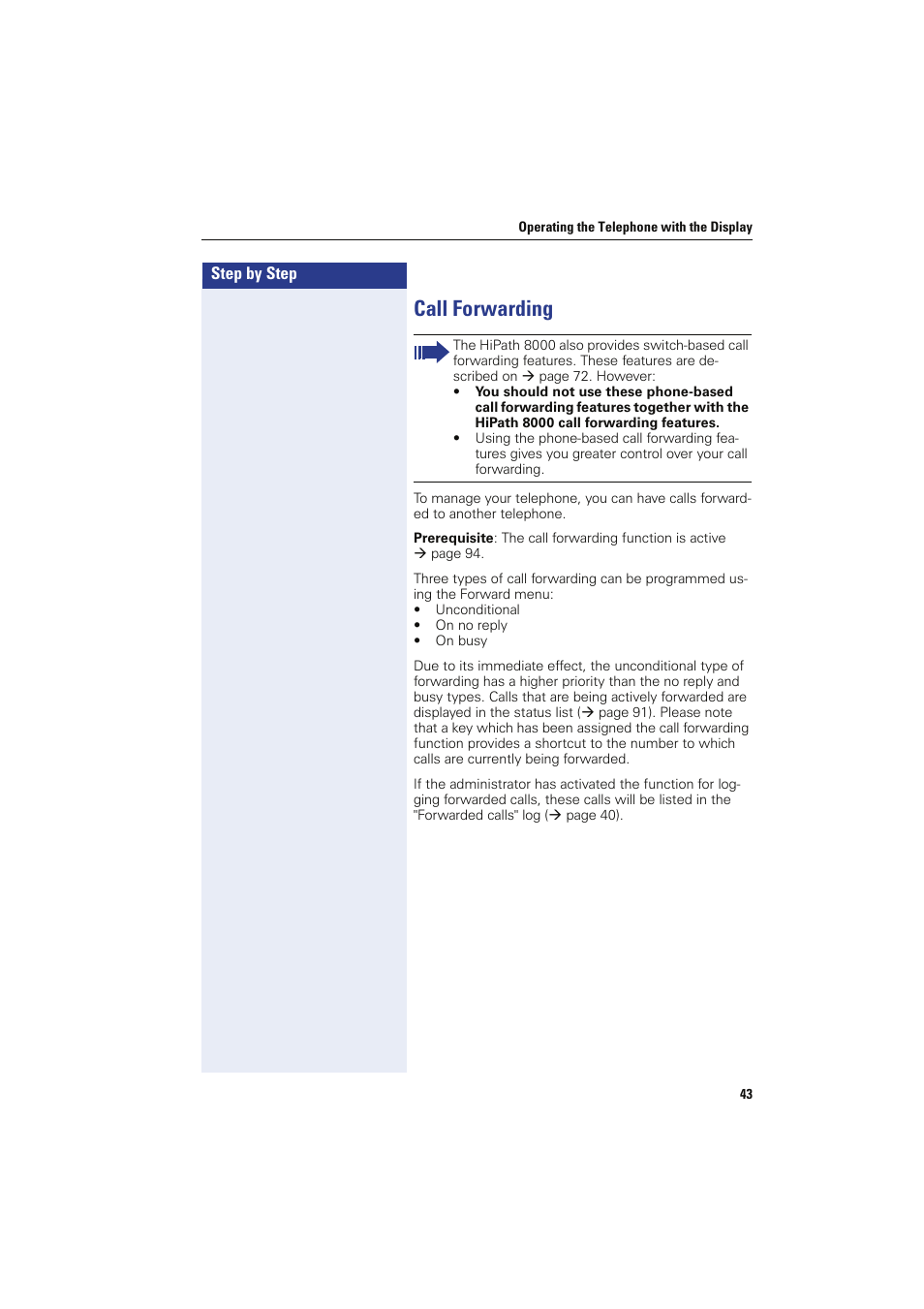 Call forwarding | Siemens HIPATH 8000 OPTIPOINT410 User Manual | Page 43 / 242