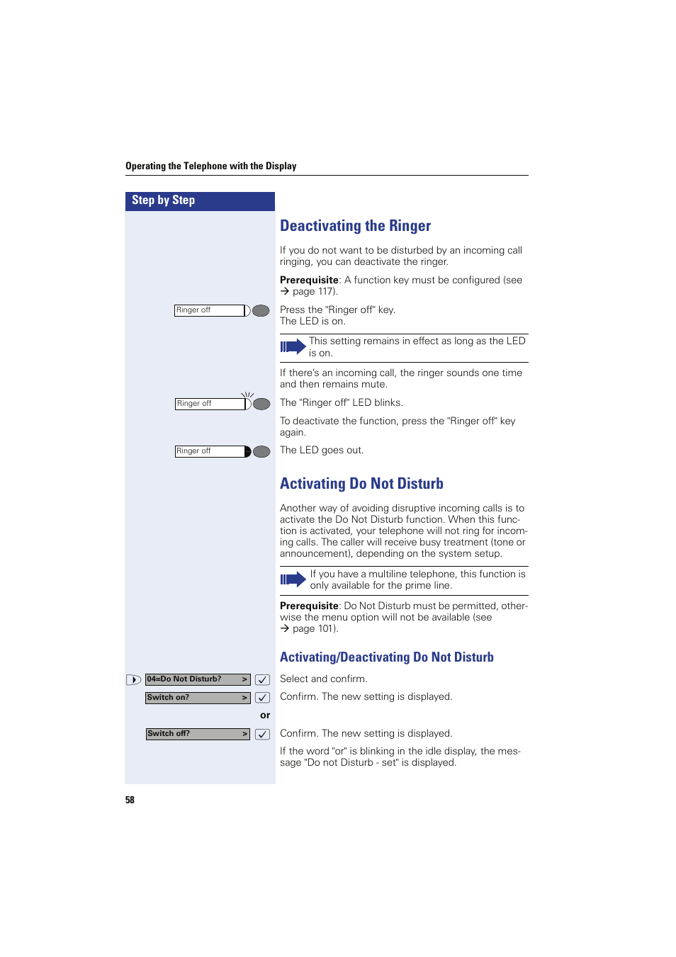 Deactivating the ringer, Activating do not disturb, Activating/deactivating do not disturb | Deactivating the ringer activating do not disturb | Siemens HIPATH 8000 OPTIPOINT410 User Manual | Page 58 / 242