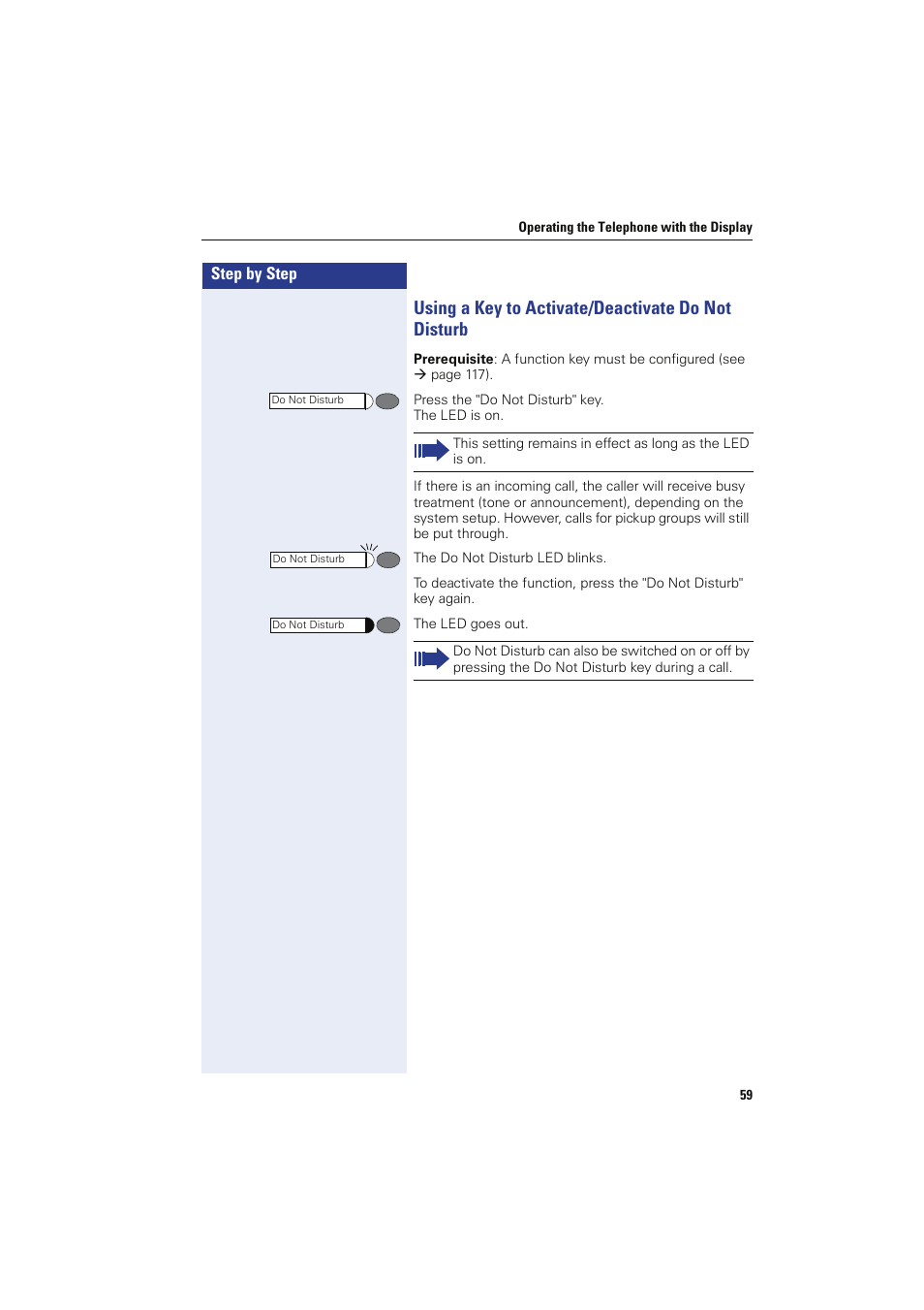 Using a key to activate/deactivate do not disturb | Siemens HIPATH 8000 OPTIPOINT410 User Manual | Page 59 / 242