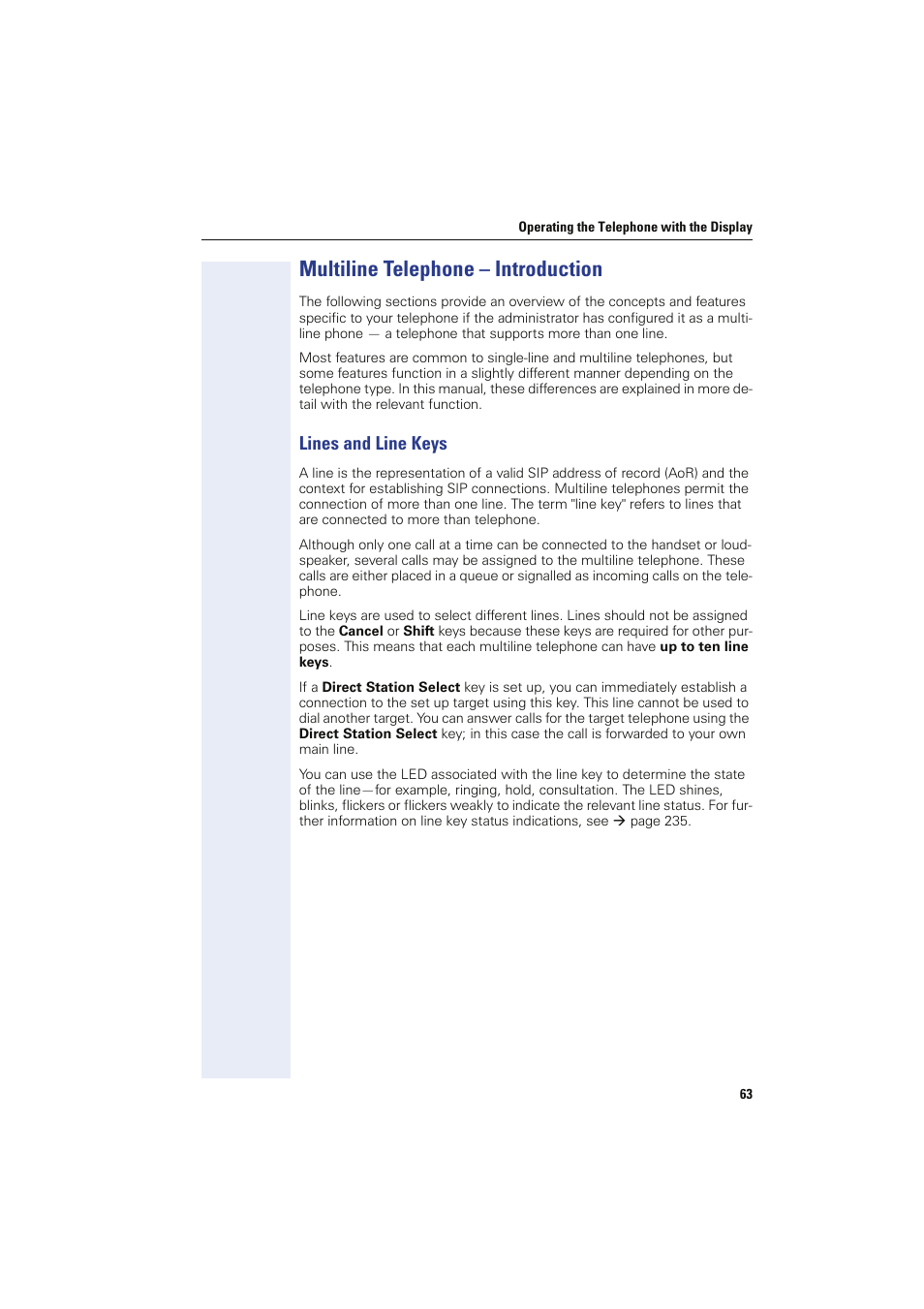 Multiline telephone - introduction, Lines and line keys, Multiline telephone – introduction | Siemens HIPATH 8000 OPTIPOINT410 User Manual | Page 63 / 242