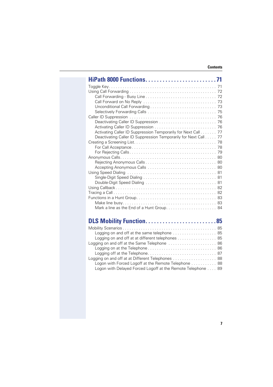 Hipath 8000 functions, Dls mobility function | Siemens HIPATH 8000 OPTIPOINT410 User Manual | Page 7 / 242