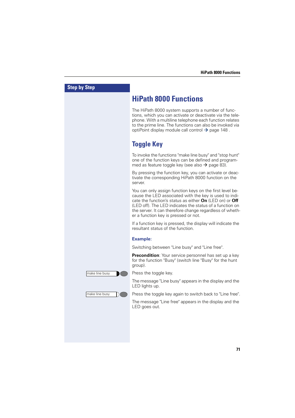 Hipath 8000 functions, Toggle key, Example | Siemens HIPATH 8000 OPTIPOINT410 User Manual | Page 71 / 242