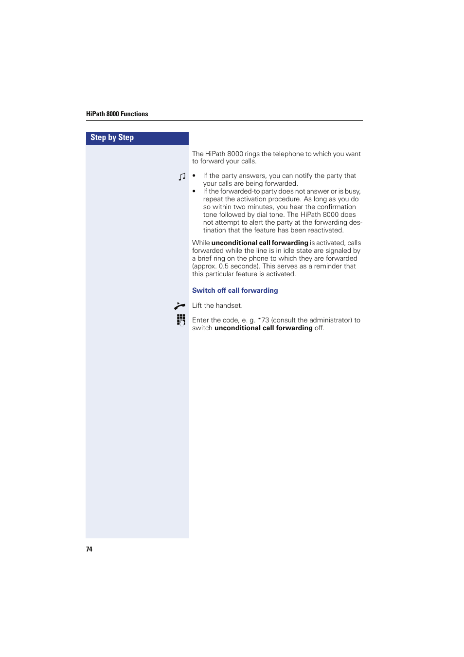 Switch off call forwarding | Siemens HIPATH 8000 OPTIPOINT410 User Manual | Page 74 / 242