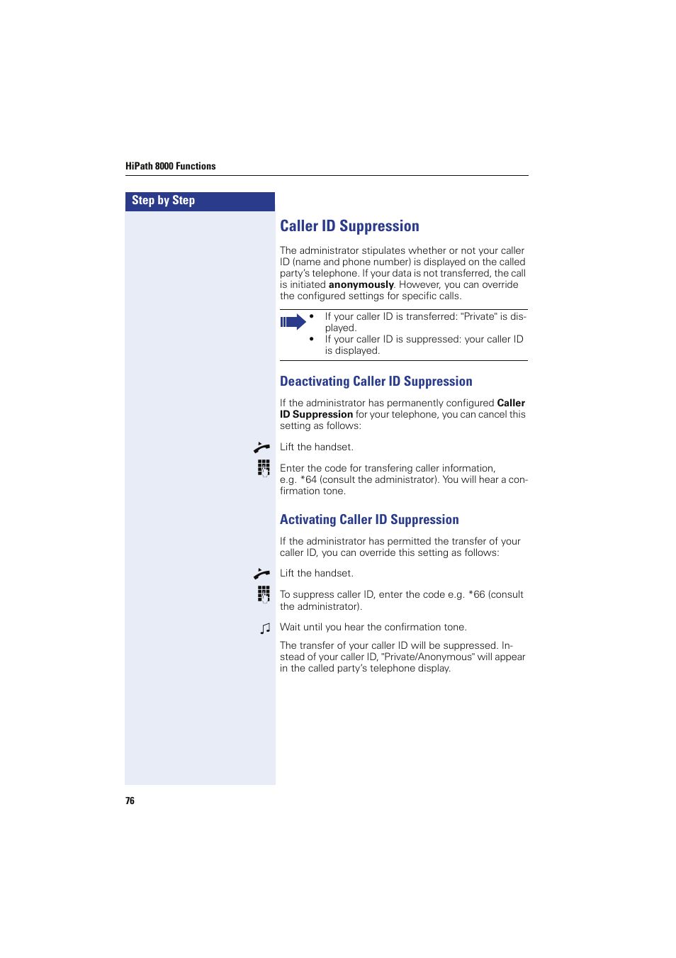 Caller id suppression, Deactivating caller id suppression, Activating caller id suppression | Siemens HIPATH 8000 OPTIPOINT410 User Manual | Page 76 / 242