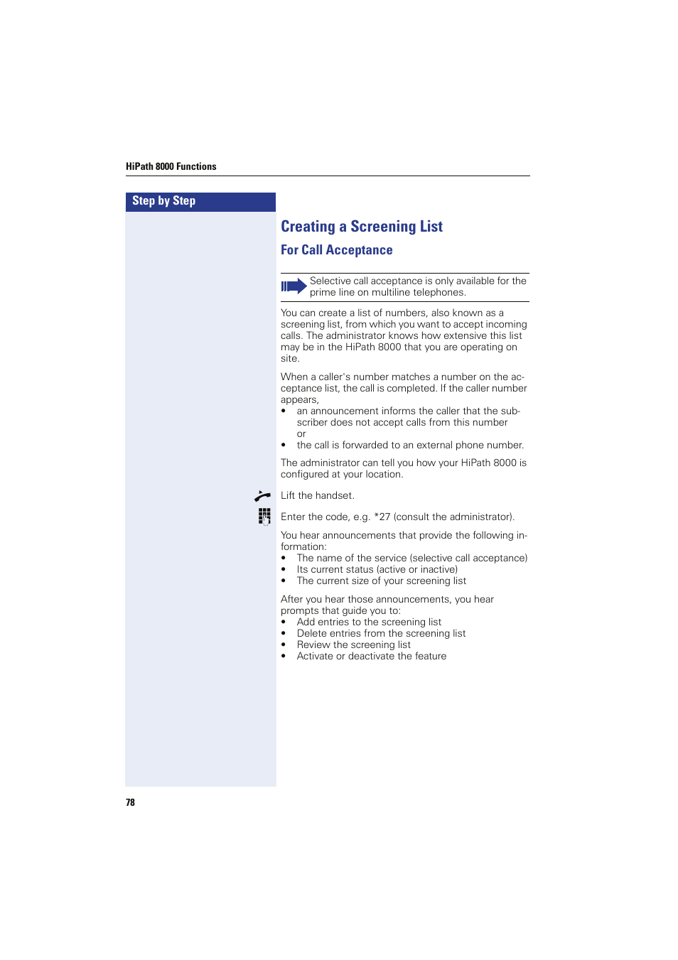 Creating a screening list, For call acceptance | Siemens HIPATH 8000 OPTIPOINT410 User Manual | Page 78 / 242