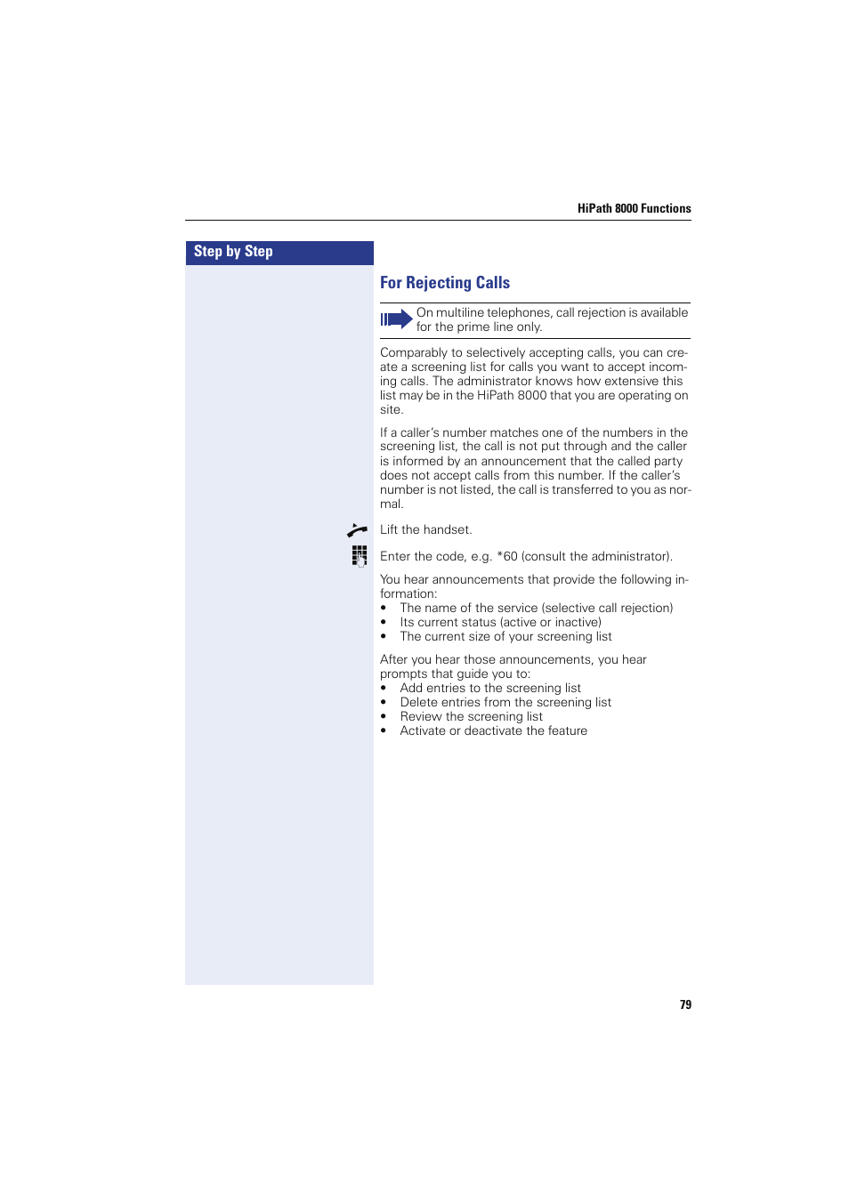 For rejecting calls | Siemens HIPATH 8000 OPTIPOINT410 User Manual | Page 79 / 242