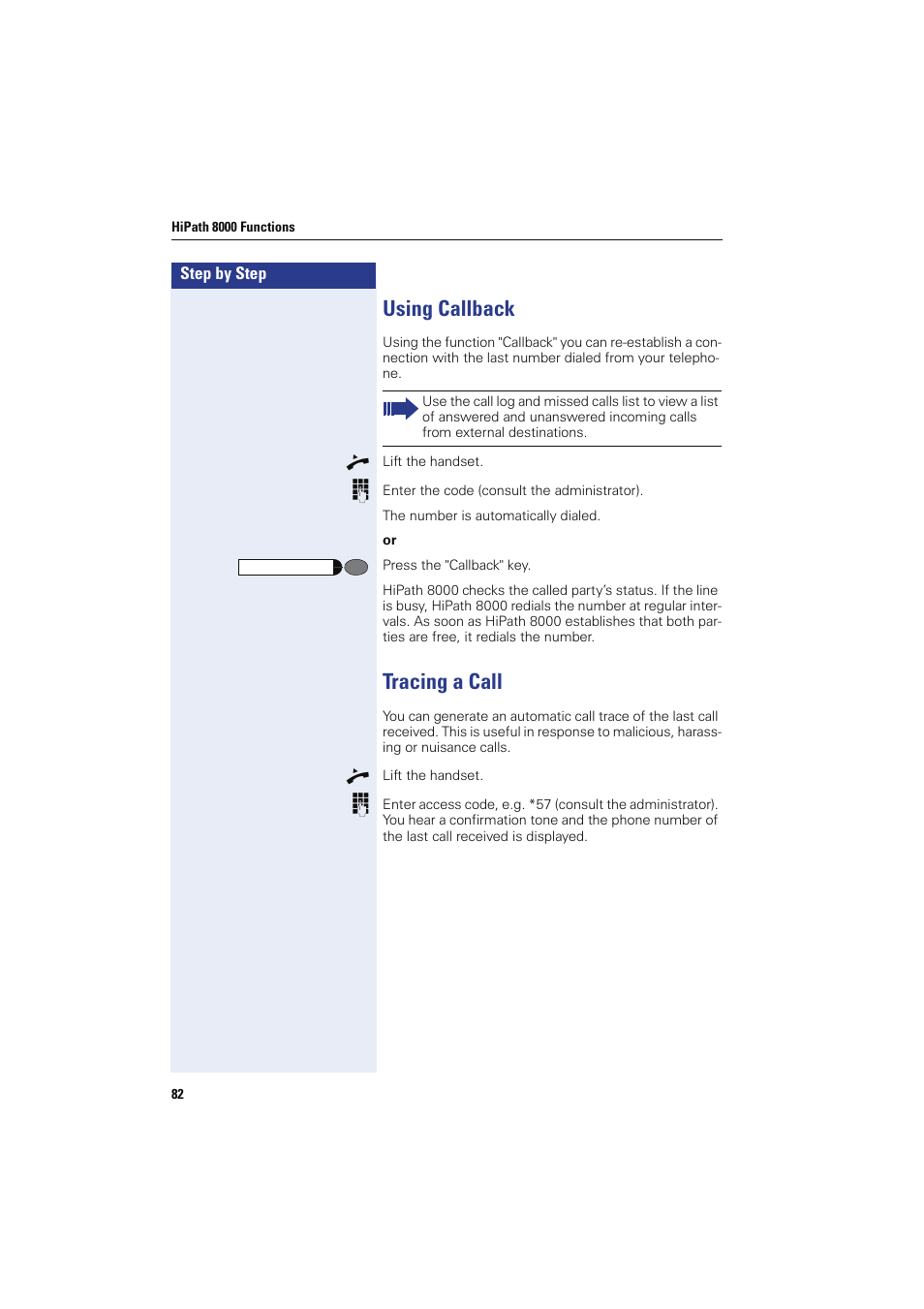 Using callback, Tracing a call, Using callback tracing a call | Siemens HIPATH 8000 OPTIPOINT410 User Manual | Page 82 / 242