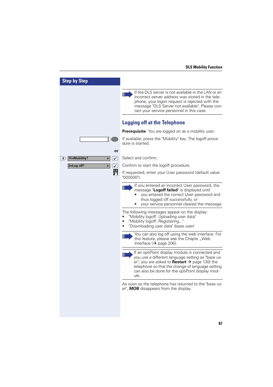 Logging off at the telephone, Y user | Siemens HIPATH 8000 OPTIPOINT410 User Manual | Page 87 / 242