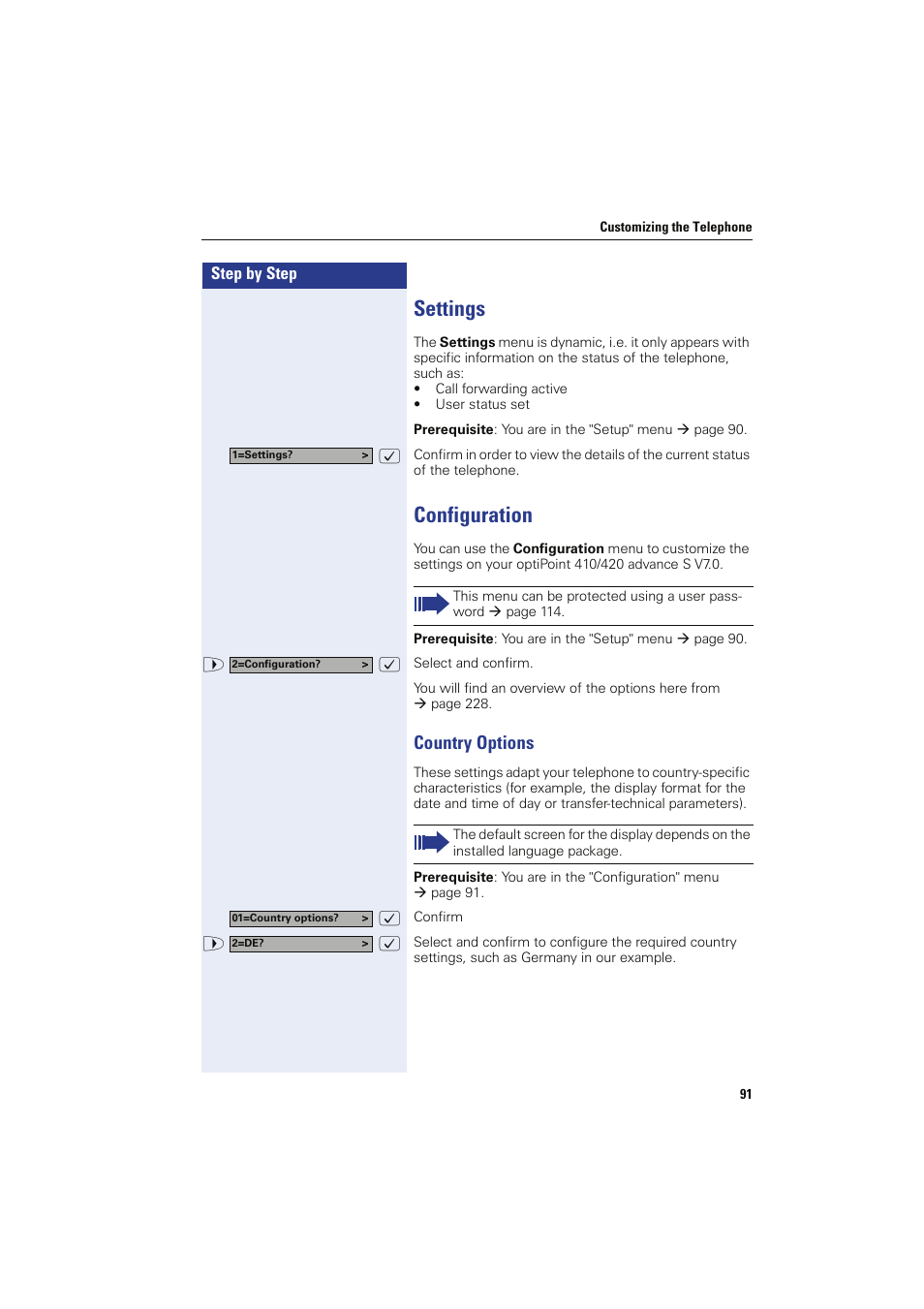 Settings, Configuration, Country options | Settings configuration, List, Tings, Ation | Siemens HIPATH 8000 OPTIPOINT410 User Manual | Page 91 / 242