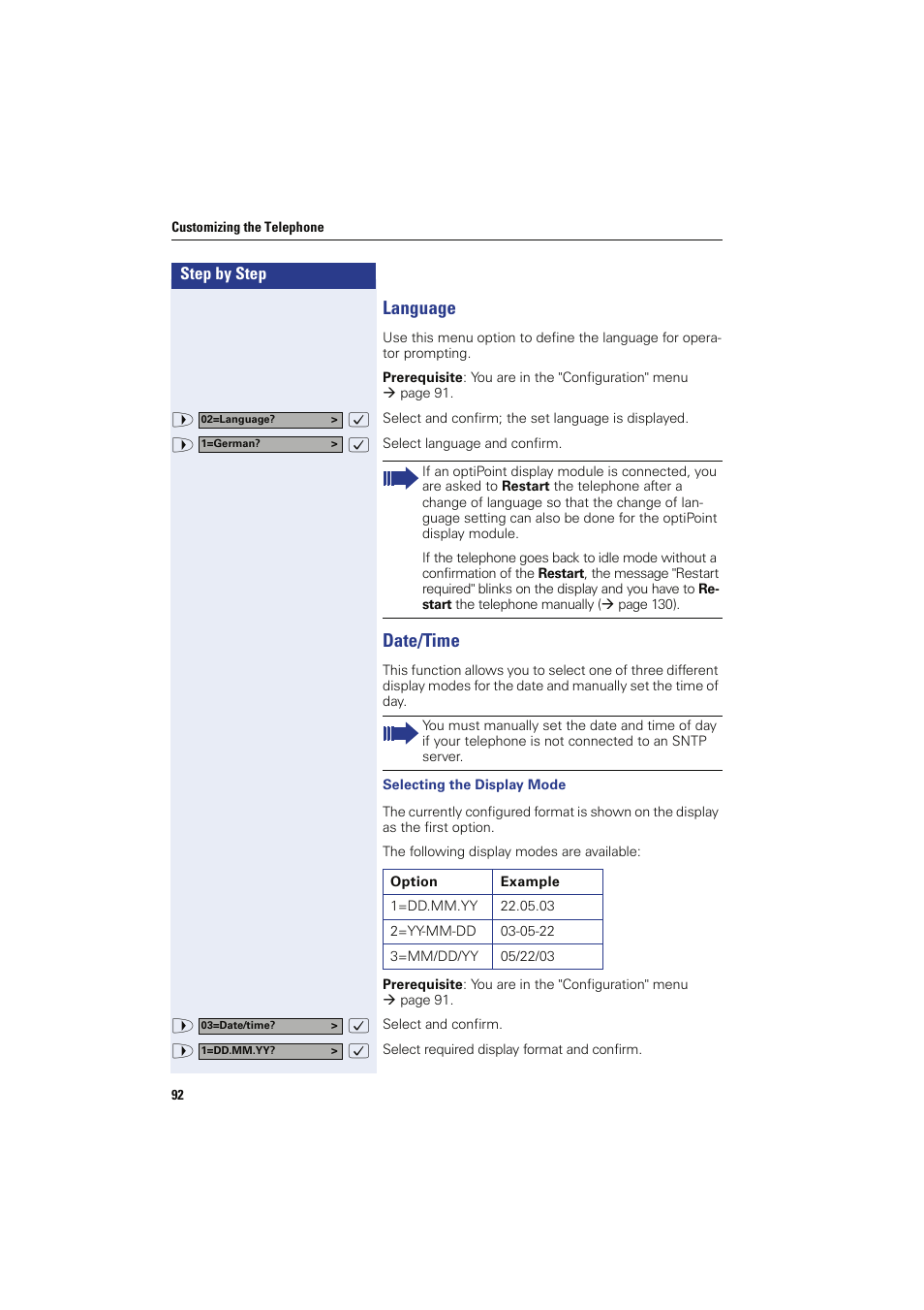 Language, Date/time, Selecting the display mode | Language date/time | Siemens HIPATH 8000 OPTIPOINT410 User Manual | Page 92 / 242