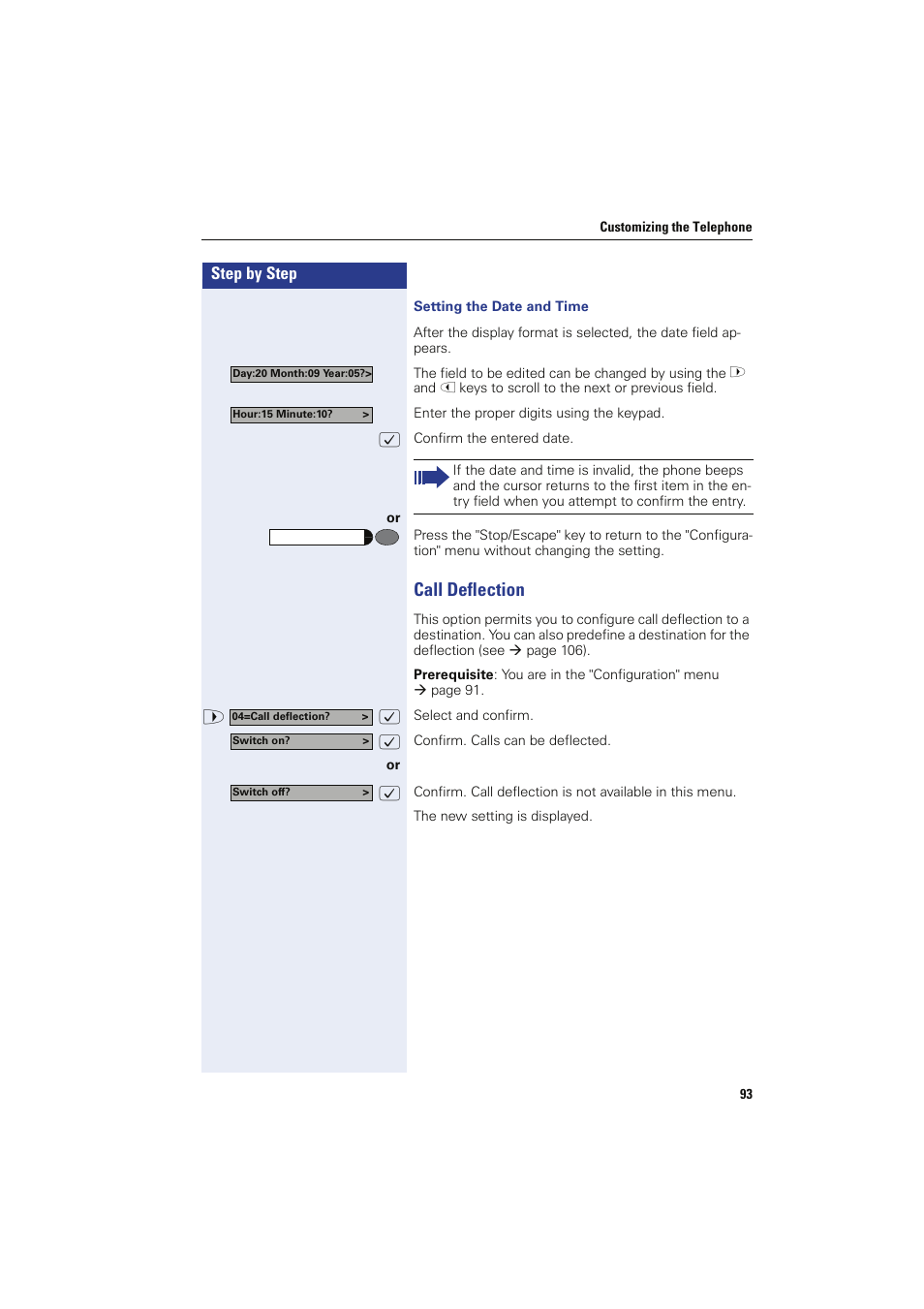 Setting the date and time, Call deflection | Siemens HIPATH 8000 OPTIPOINT410 User Manual | Page 93 / 242