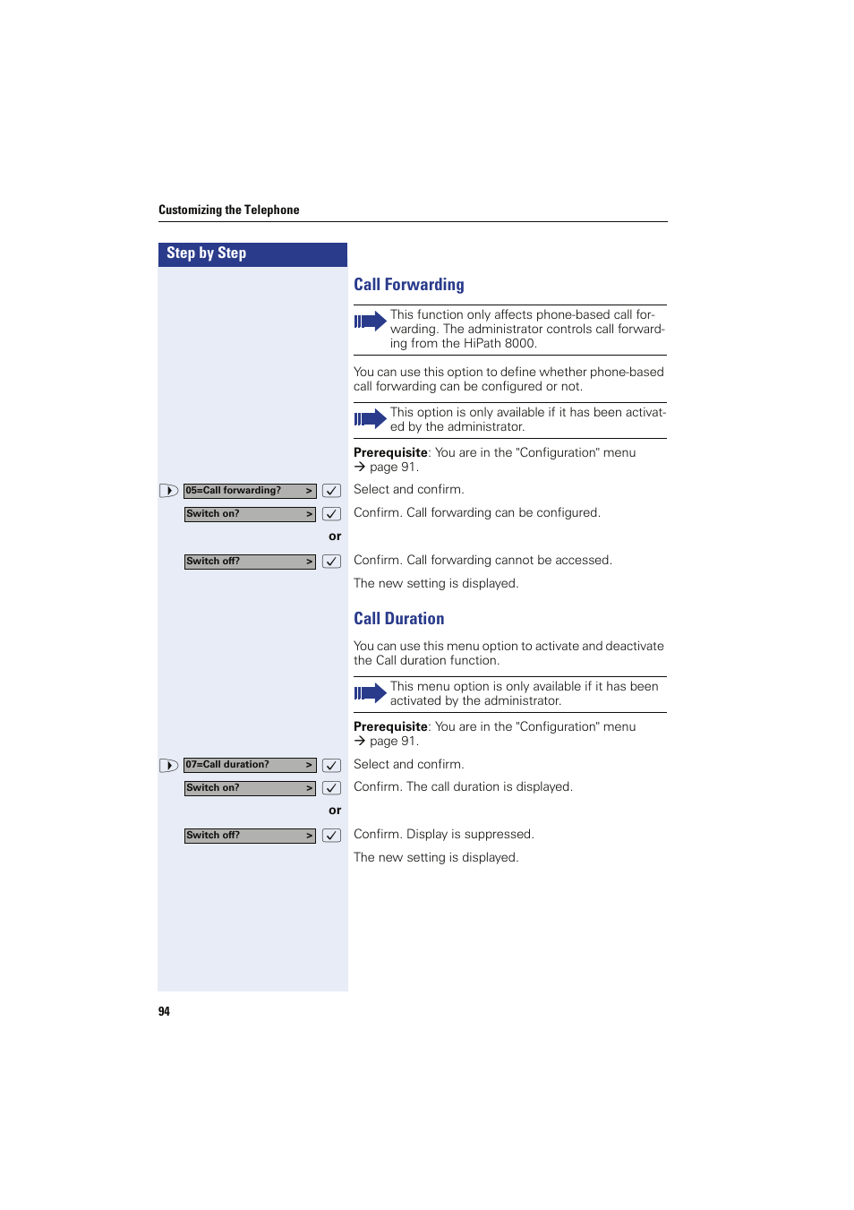 Call forwarding, Call duration, Call forwarding call duration | Siemens HIPATH 8000 OPTIPOINT410 User Manual | Page 94 / 242