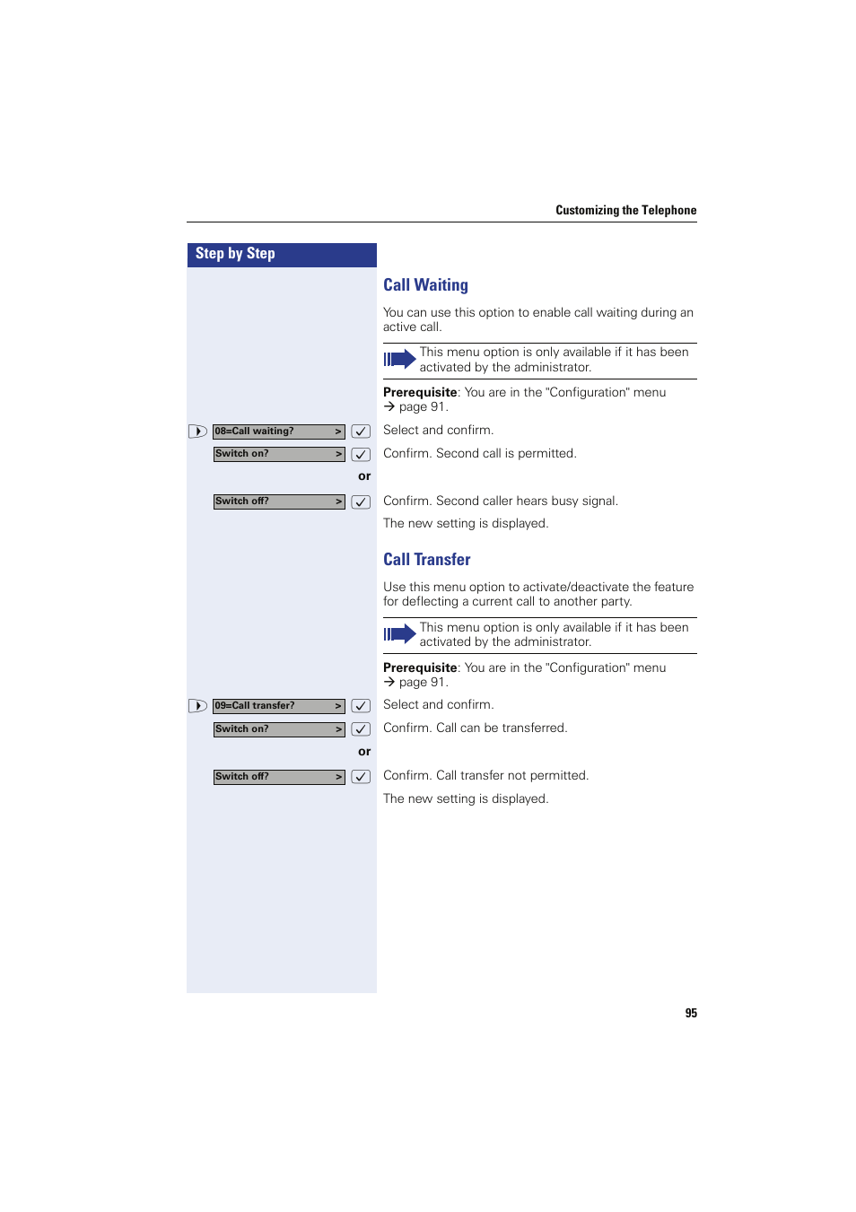 Call waiting, Call transfer, Call waiting call transfer | Tion, see | Siemens HIPATH 8000 OPTIPOINT410 User Manual | Page 95 / 242