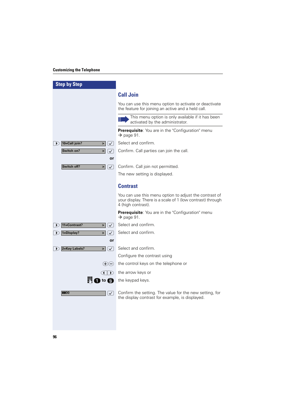 Call join, Contrast, Call join contrast | Siemens HIPATH 8000 OPTIPOINT410 User Manual | Page 96 / 242