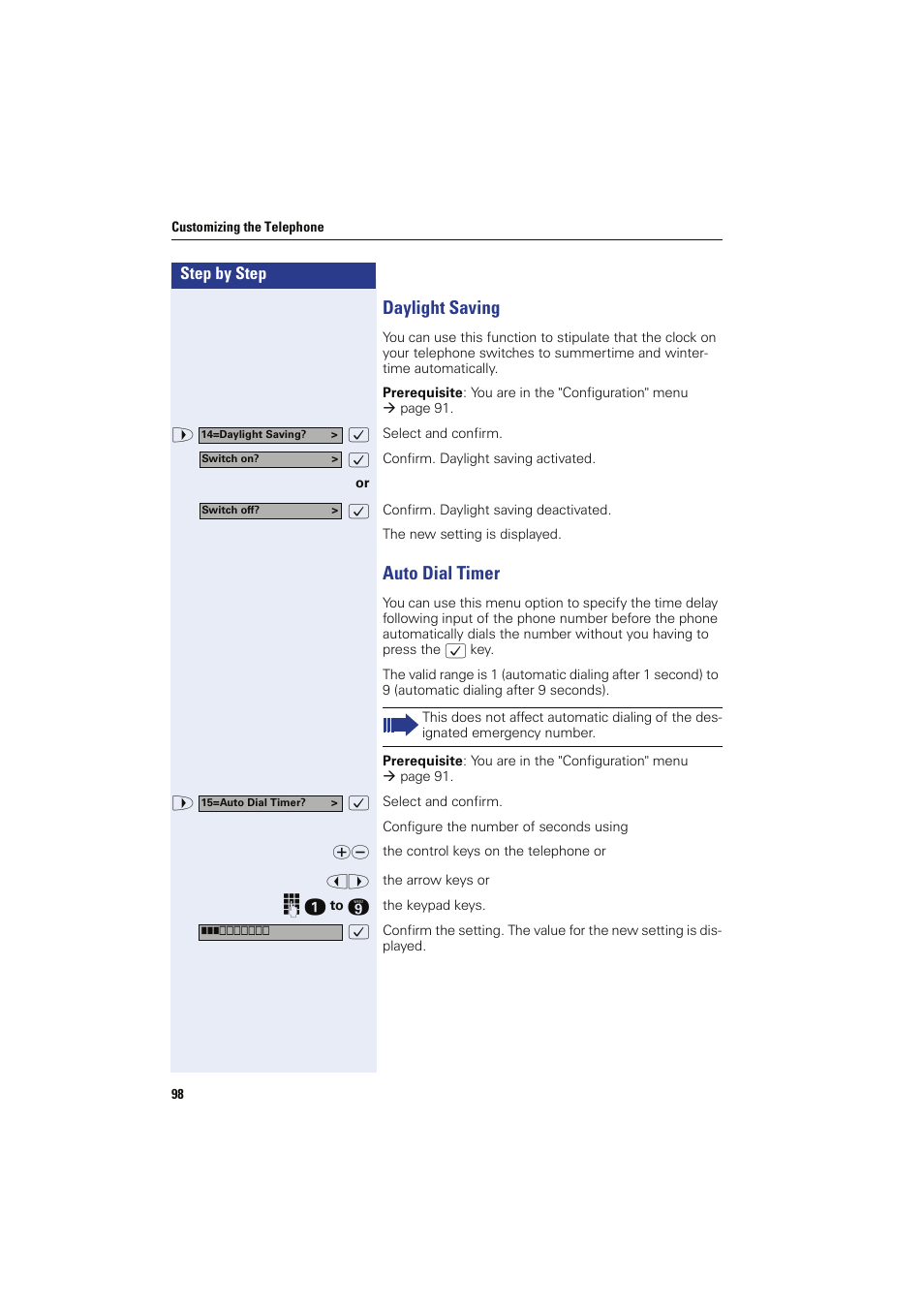 Daylight saving, Auto dial timer, Daylight saving auto dial timer | Siemens HIPATH 8000 OPTIPOINT410 User Manual | Page 98 / 242