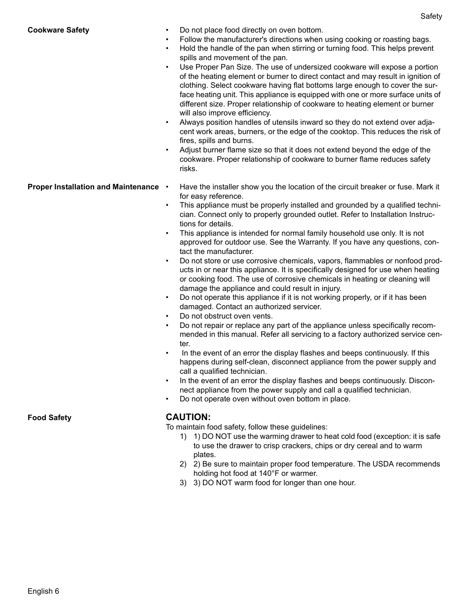 Cookware safety, Proper installation and maintenance, Food safety | Siemens HG2425UC User Manual | Page 10 / 52