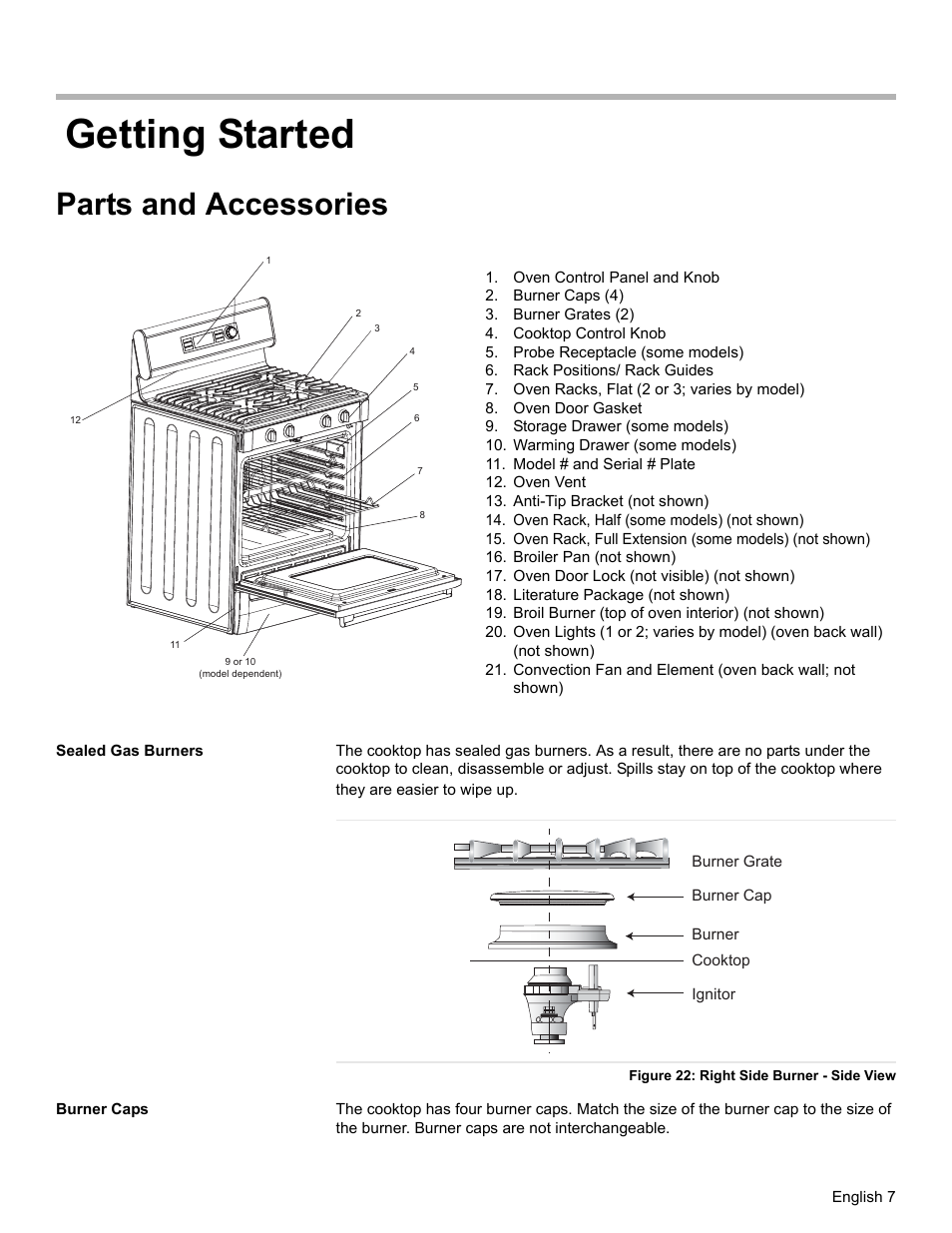 Getting started, Parts and accessories, Oven control panel and knob | Burner caps (4), Burner grates (2), Cooktop control knob, Probe receptacle (some models), Rack positions/ rack guides, Oven racks, flat (2 or 3; varies by model), Oven door gasket | Siemens HG2425UC User Manual | Page 11 / 52