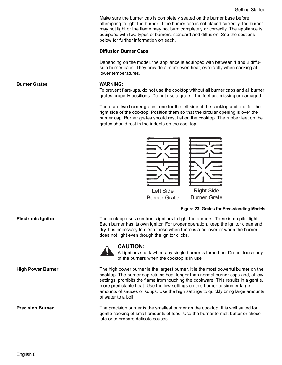 Burner grates, Figure 23: grates for free-standing models, Electronic ignitor | High power burner, Precision burner | Siemens HG2425UC User Manual | Page 12 / 52