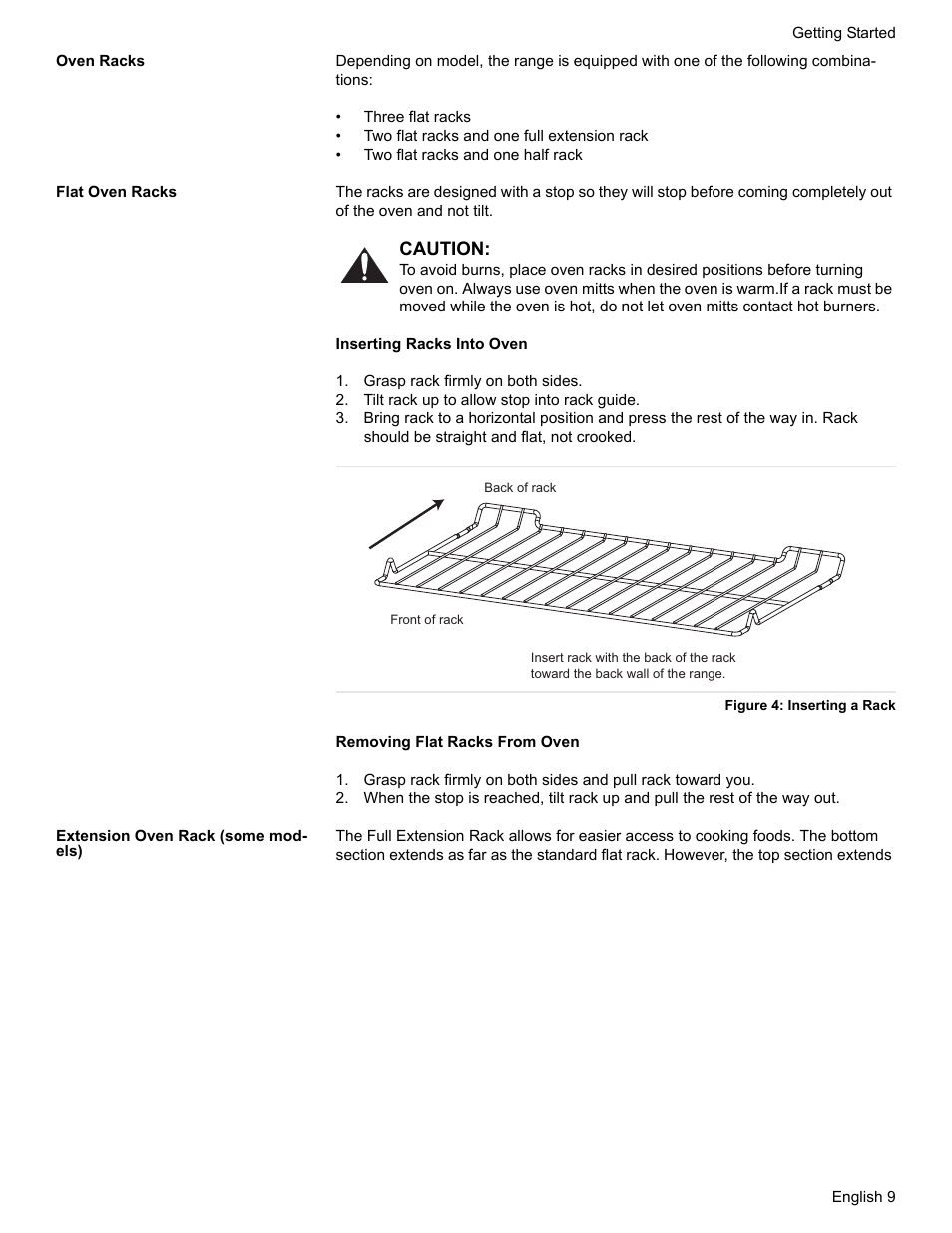 Oven racks, Flat oven racks, Grasp rack firmly on both sides | Tilt rack up to allow stop into rack guide, Figure 4: inserting a rack, Extension oven rack (some models) | Siemens HG2425UC User Manual | Page 13 / 52