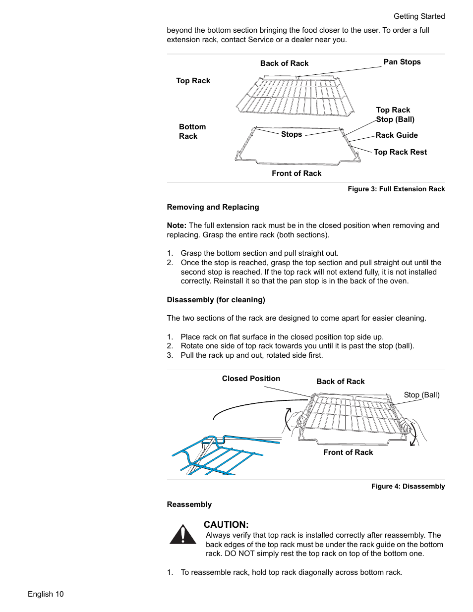 Figure 3: full extension rack, Grasp the bottom section and pull straight out, Pull the rack up and out, rotated side first | Figure 4: disassembly | Siemens HG2425UC User Manual | Page 14 / 52