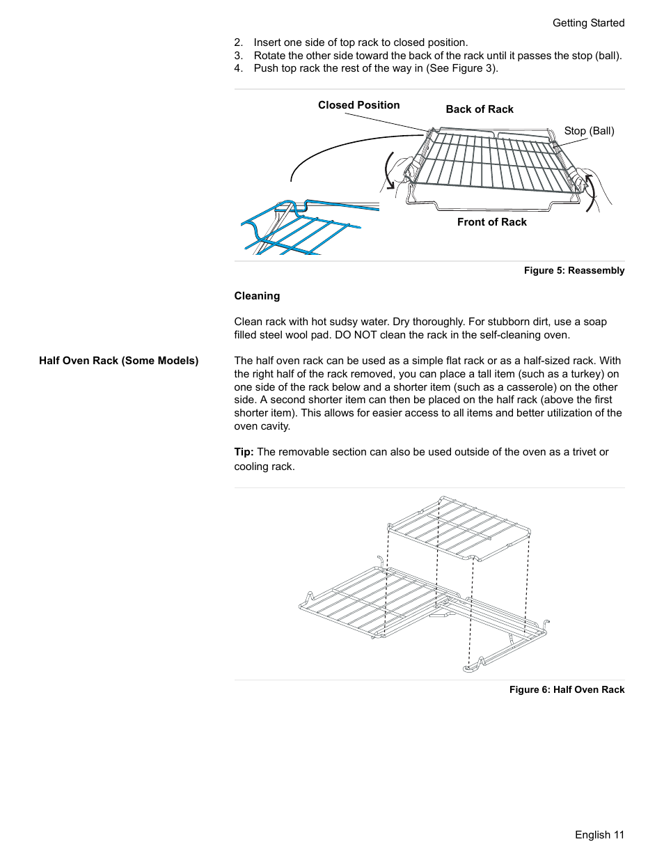 Insert one side of top rack to closed position, Figure 5: reassembly, Half oven rack (some models) | Figure 6: half oven rack | Siemens HG2425UC User Manual | Page 15 / 52