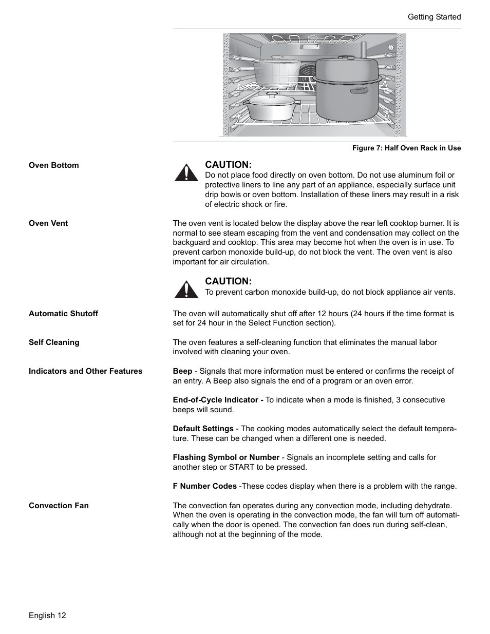 Figure 7: half oven rack in use, Oven bottom, Oven vent | Automatic shutoff, Self cleaning, Indicators and other features, Convection fan | Siemens HG2425UC User Manual | Page 16 / 52