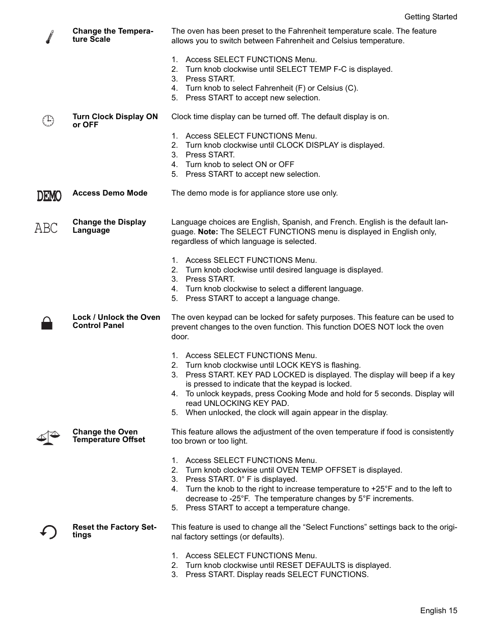 Change the temperature scale, Access select functions menu, Press start | Turn knob to select fahrenheit (f) or celsius (c), Press start to accept new selection, Turn clock display on or off, Turn knob to select on or off, Access demo mode, Change the display language, Turn knob clockwise to select a different language | Siemens HG2425UC User Manual | Page 19 / 52