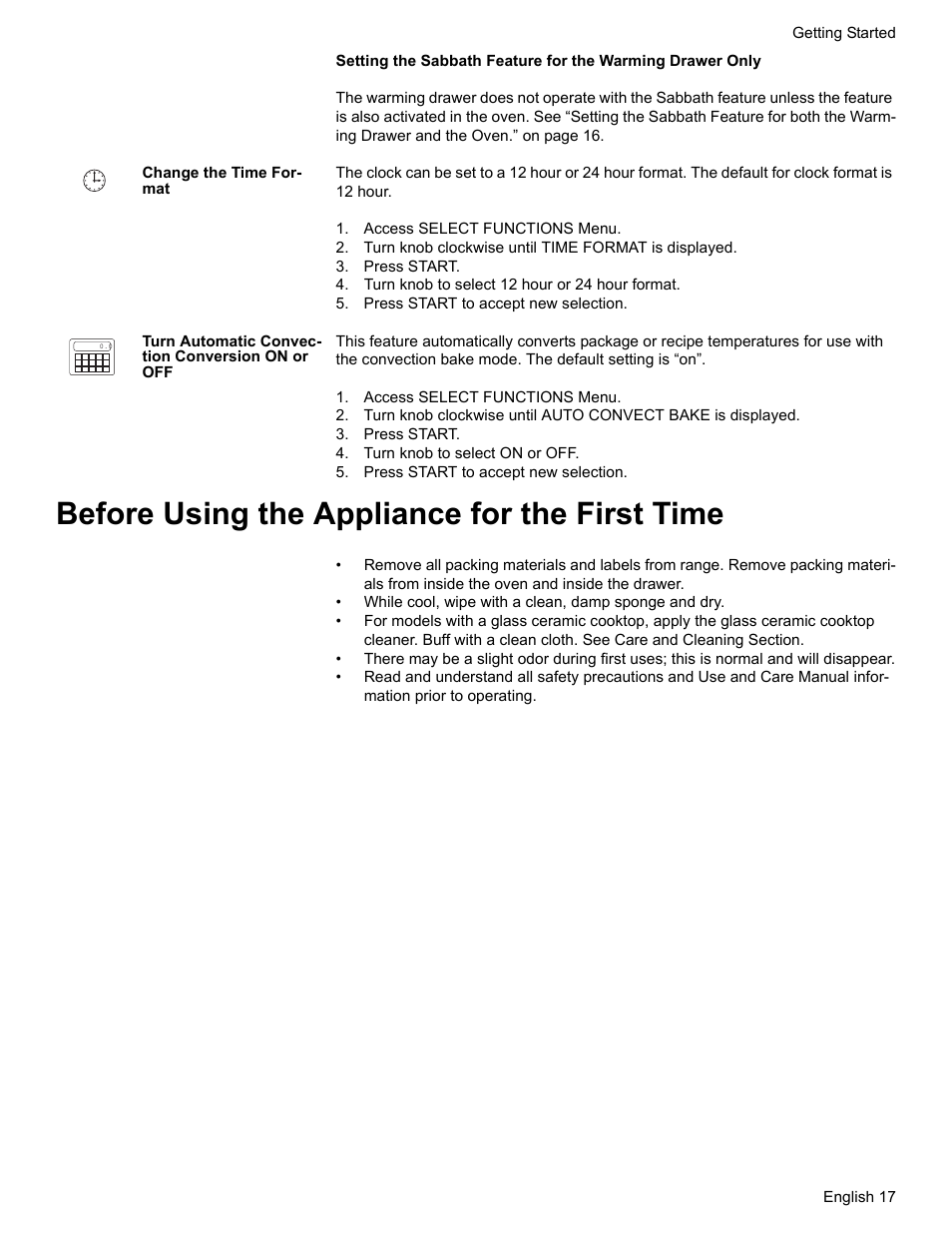 Change the time format, Access select functions menu, Turn knob clockwise until time format is displayed | Press start, Turn knob to select 12 hour or 24 hour format, Press start to accept new selection, Turn automatic convection conversion on or off, Turn knob to select on or off, Before using the appliance for the first time | Siemens HG2425UC User Manual | Page 21 / 52